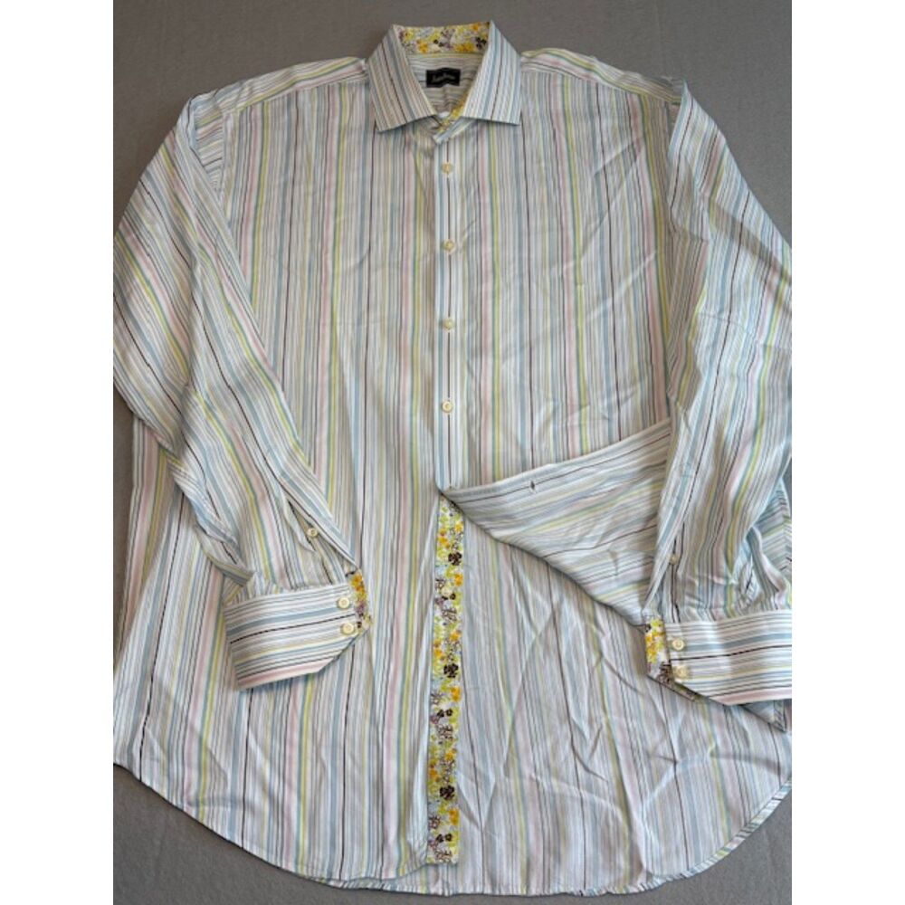 Neiman Marcus Men's XXL Button Down Dress Shirt Color Striped Floral Trim Read
